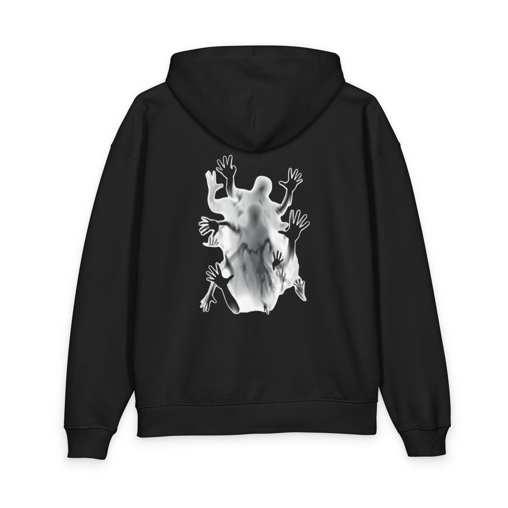Black Graphic Hoodie with Distorted Hands — Streetwear Pullover