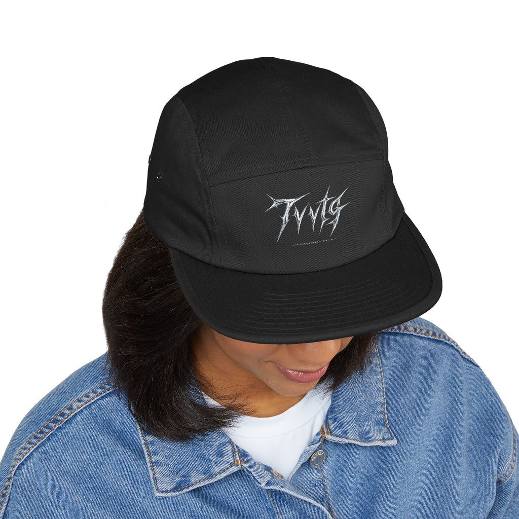 Embroidered 5-Panel Cap — Black Metal Logo Streetwear