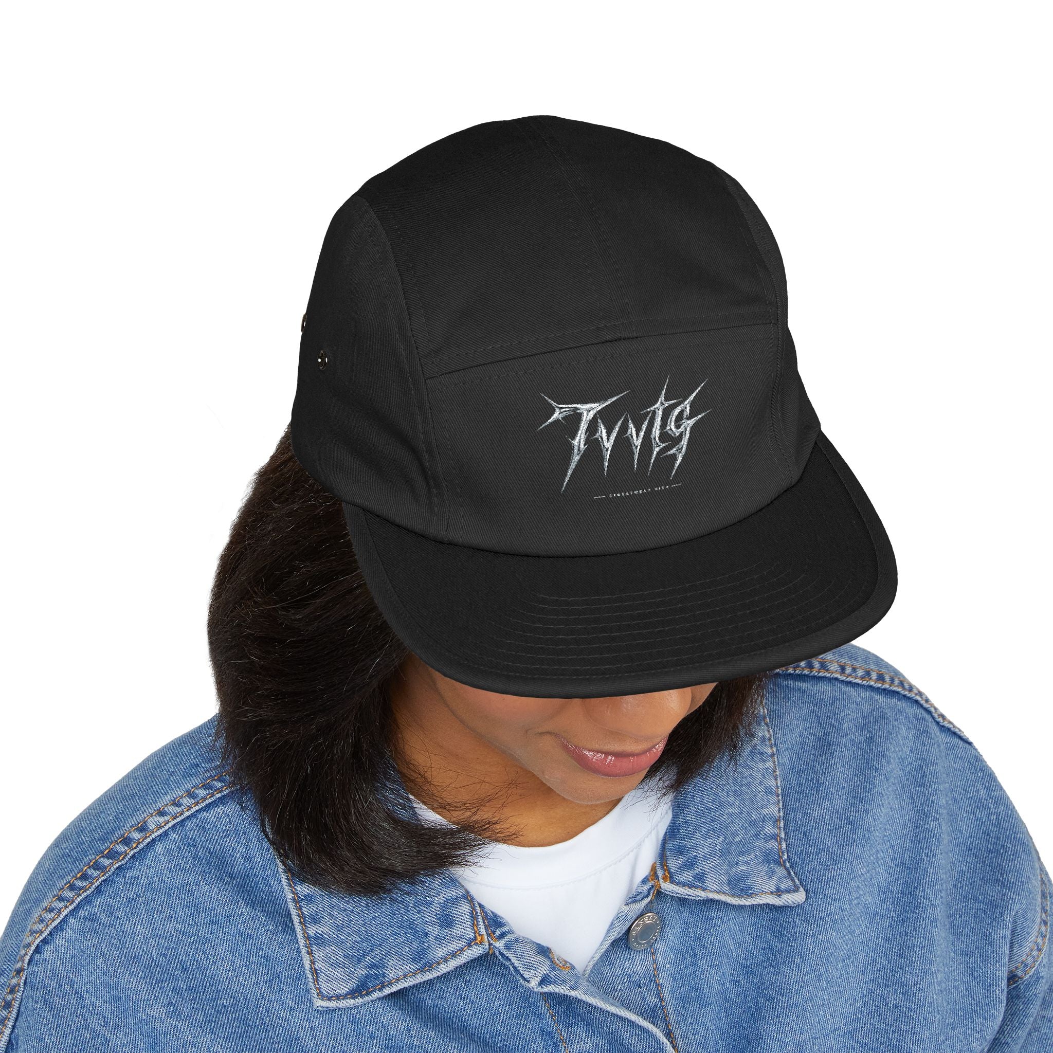 Embroidered 5-Panel Cap — Black Metal Logo Streetwear