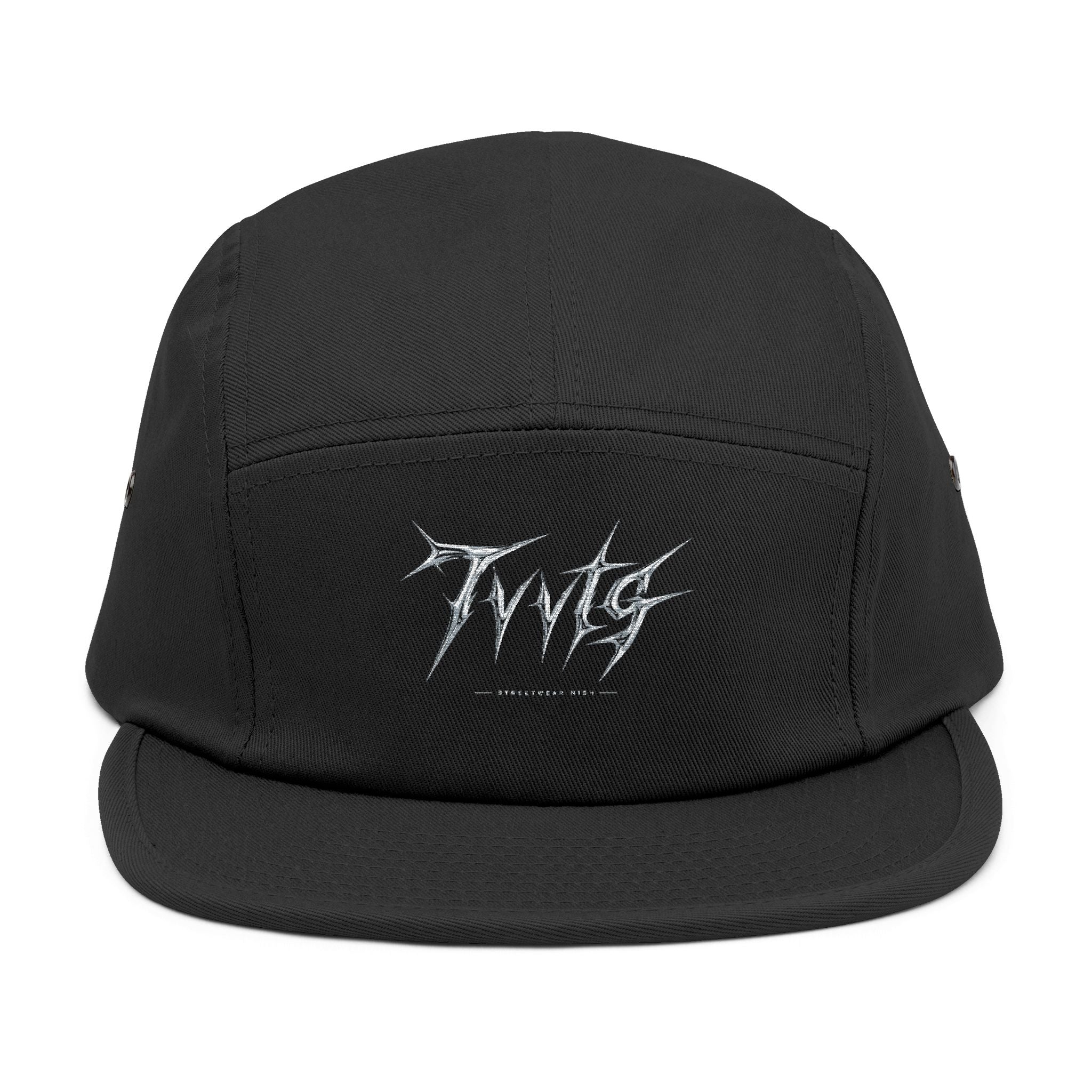 Embroidered 5-Panel Cap — Black Metal Logo Streetwear