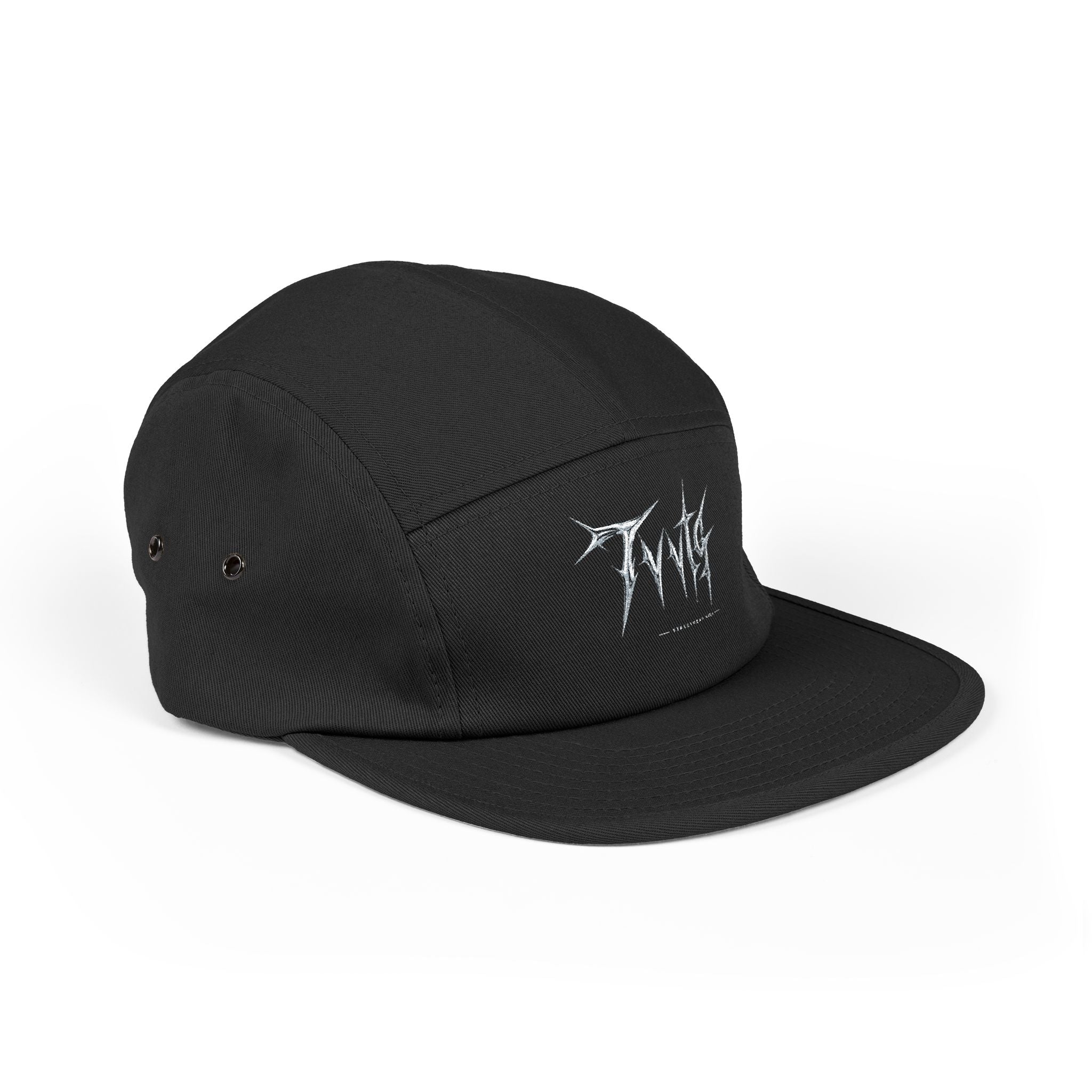Embroidered 5-Panel Cap — Black Metal Logo Streetwear
