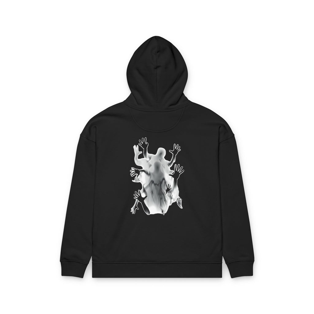 Black Graphic Hoodie with Distorted Hands — Streetwear Pullover