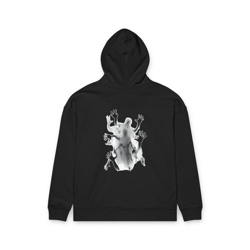 Black Graphic Hoodie with Distorted Hands — Streetwear Pullover